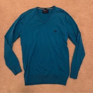Fred Perry Classic V-Neck Jumper Blue 100% Merino Wool Long Sleeve Sweater Sz S